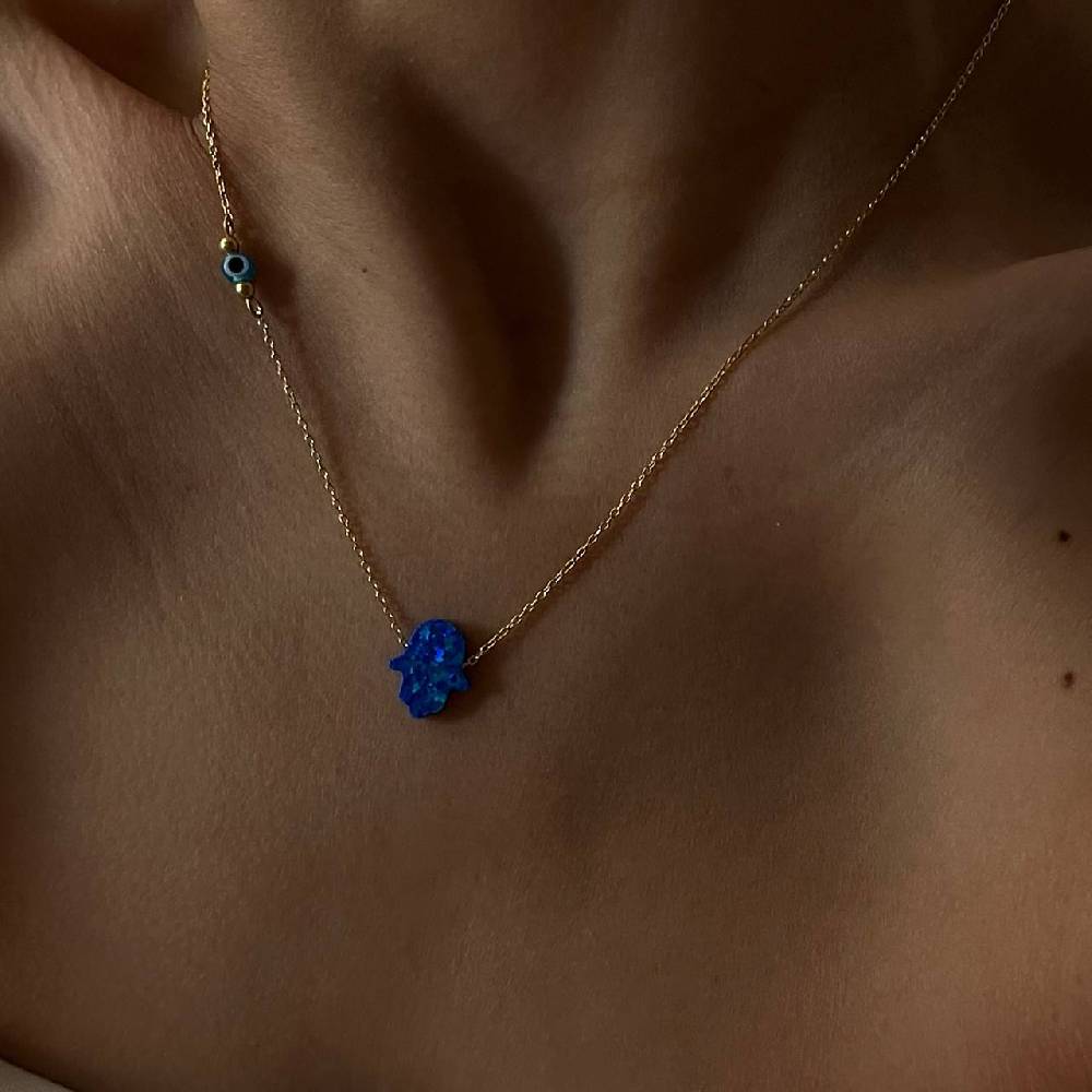 Kardelen Fatimas Hand Opal Kette mit Nazar Augenkette Dunkelblau - 925 SILBER Flash Sale