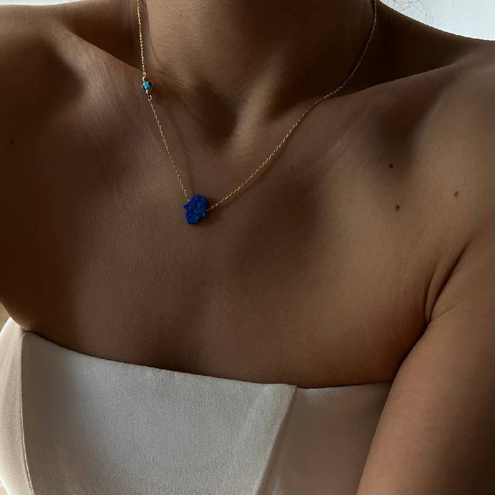 Kardelen Fatimas Hand Opal Kette mit Nazar Augenkette Dunkelblau - 925 SILBER Flash Sale