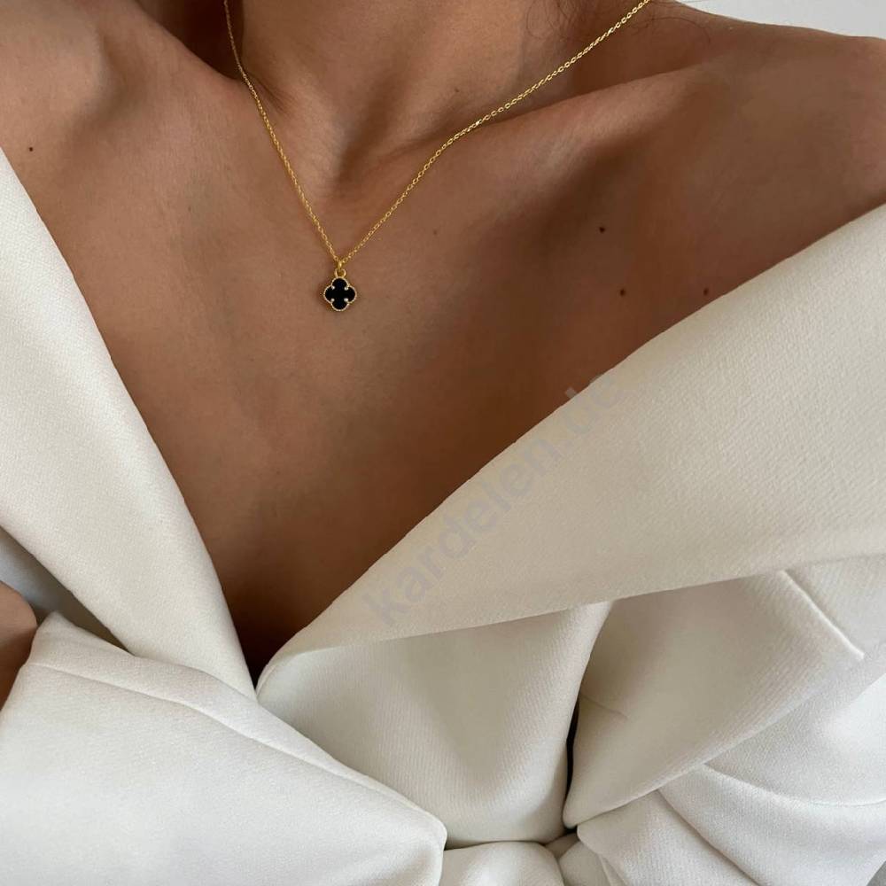 Kardelen 14K GOLD KLEE SCHWARZE HALSKETTE Begrenzt auf 3 Tage
