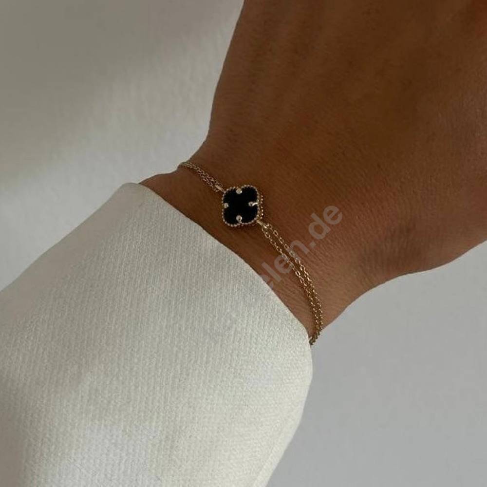 Kardelen 14k GOLD SCHWARZE KLEE ARMKETTE Zeitlich begrenztes Angebot