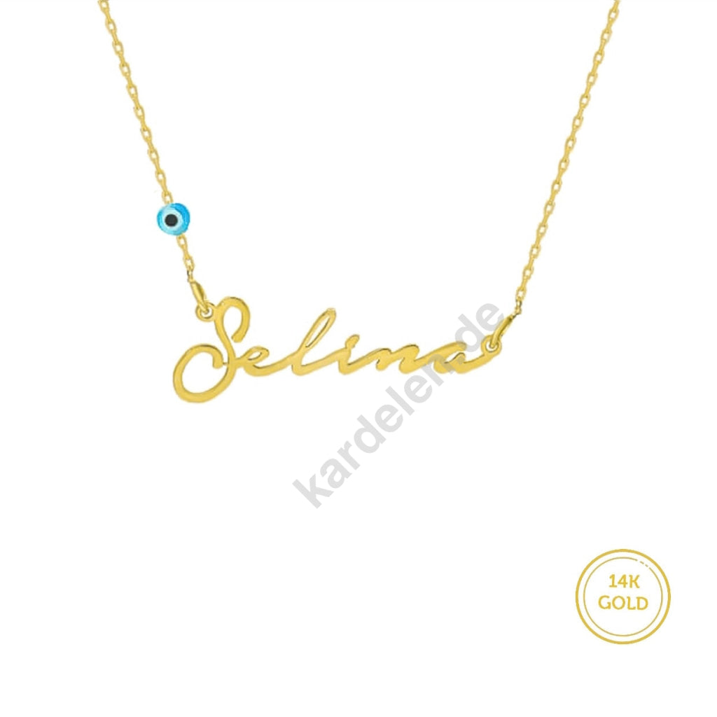 Kardelen 14K GOLD SIGNATUR KETTE - WAAGERECHT MIT BLAUE AUGE Super Sparpreis