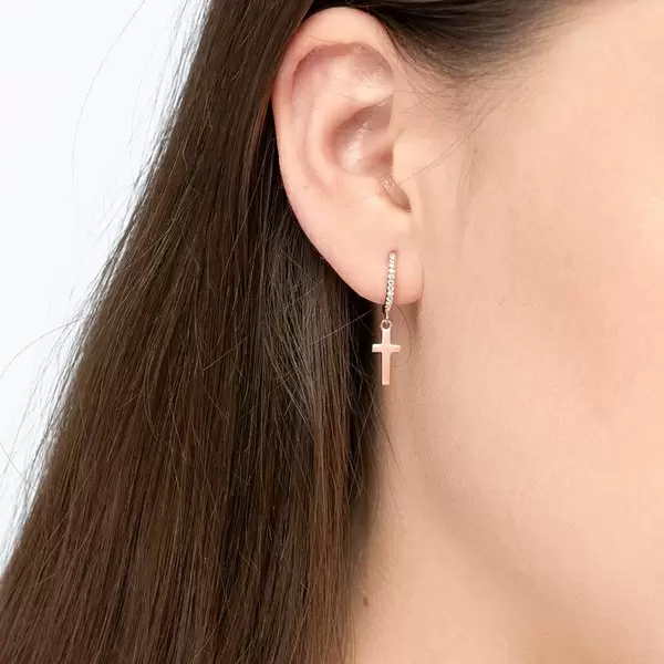 Leaf Jewelry Single Creole CROSS/Zirkonia, 18 K Rosegold vergoldet Tiefpreis