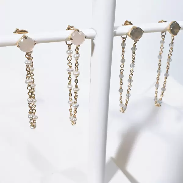 Leaf Jewelry Ohrhänger Flying Gem, Perle/Rosenquarz, 18 K Gelbgold vergoldet Zeitlich begrenztes Angebot