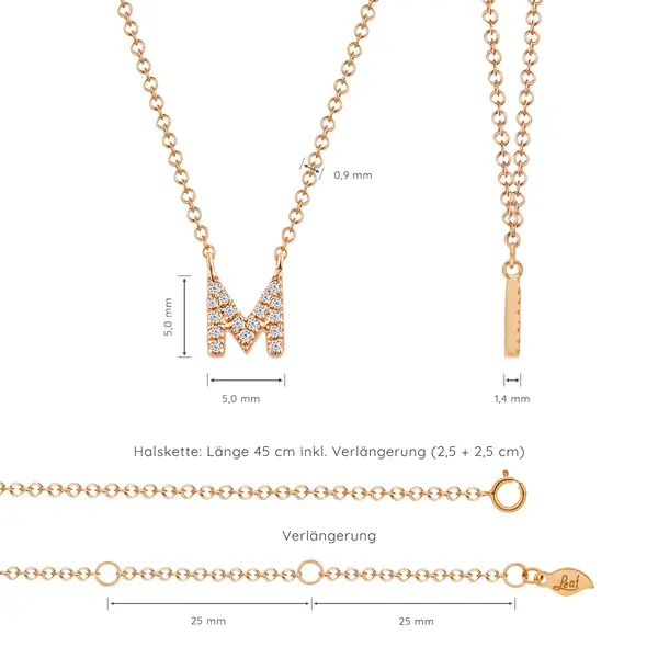 Leaf Jewelry Halskette Letter "M", 14 K Rosegold mit Diamanten Nur für heute