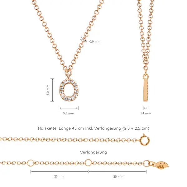 Leaf Jewelry Halskette Letter "O", 14 K Rosegold mit Diamanten Verkauf