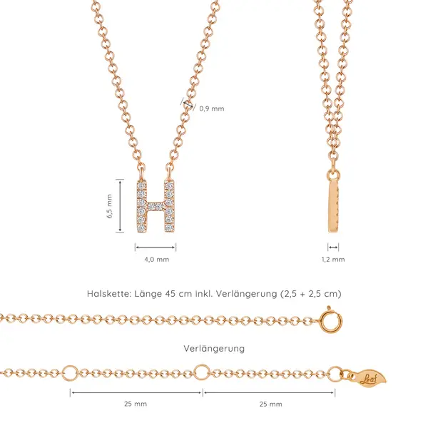 Leaf Jewelry Halskette Letter "H", 14 K Rosegold mit Diamanten Kostenloser Versand