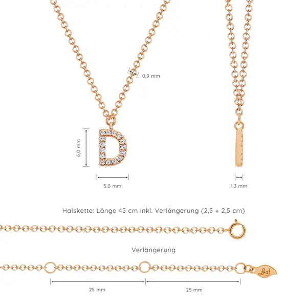 Leaf Jewelry Halskette Letter "D", 14 K Rosegold mit Diamanten Preisnachlass