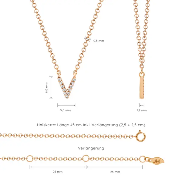 Leaf Jewelry Halskette Letter "V", 14 K Rosegold mit Diamanten Saisonschlussverkauf