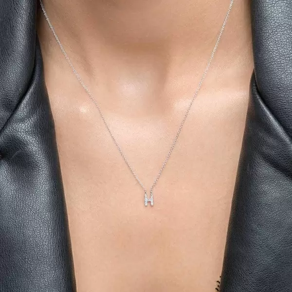 Leaf Jewelry Halskette Letter "H", 14 K Weißgold mit Diamanten Kauf eins, bekomm eins gratis