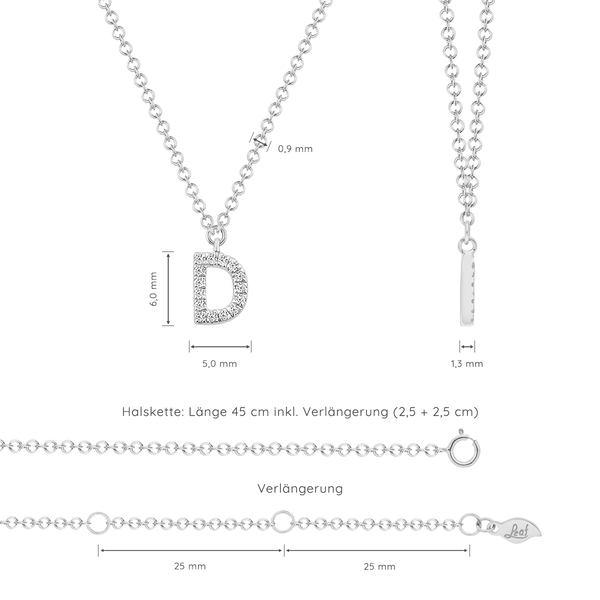 Leaf Jewelry Halskette Letter "D", 14 K Weißgold mit Diamanten zollfrei