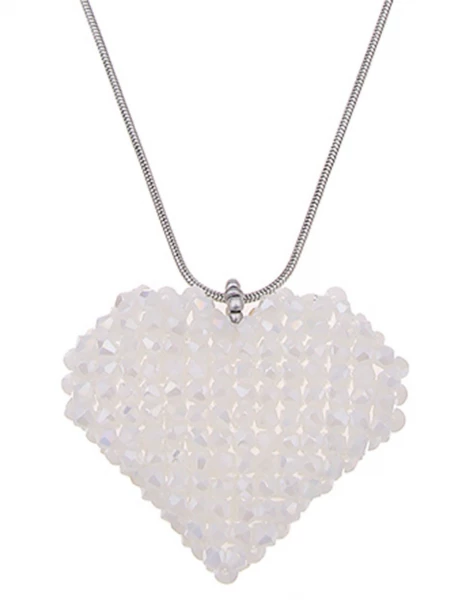 SALE! Leslii Damen-Kette Glasperlen Herz-Anhänger Heart lange Modeschmuck-Kette Silber Weiß Meist gekauft