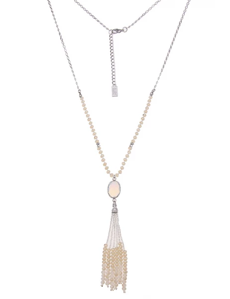 -50% SALE Leslii Lange Halskette Glasperlen-Bommel in Silber Beige Blitzverkäufe