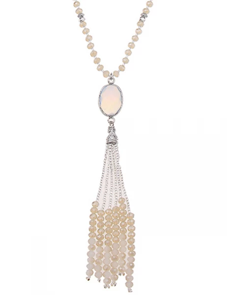 -50% SALE Leslii Lange Halskette Glasperlen-Bommel in Silber Beige Blitzverkäufe
