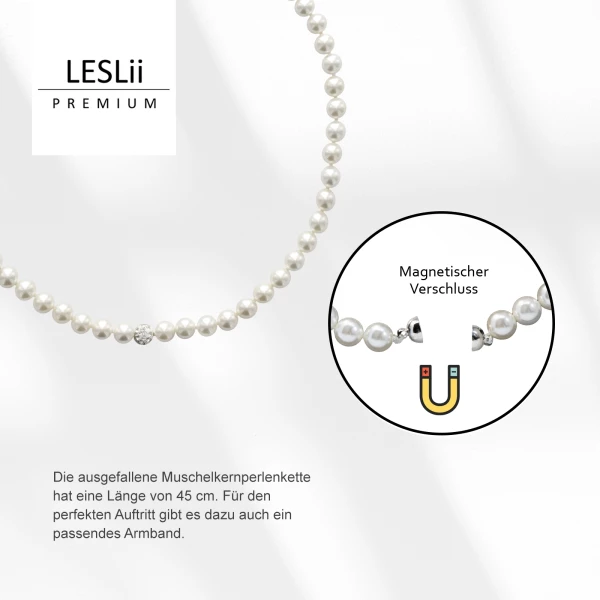 Leslii Damen-Kette Perlen-Collier weiße Perlen-Kette Strass-Kugel Weiß Begrenztes Angebot