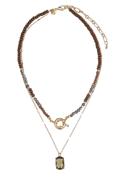 Leslii Kurze Halskette Holzperlen Layering Braun Gold zollfrei