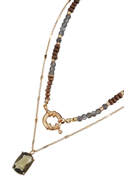 Leslii Kurze Halskette Holzperlen Layering Braun Gold zollfrei