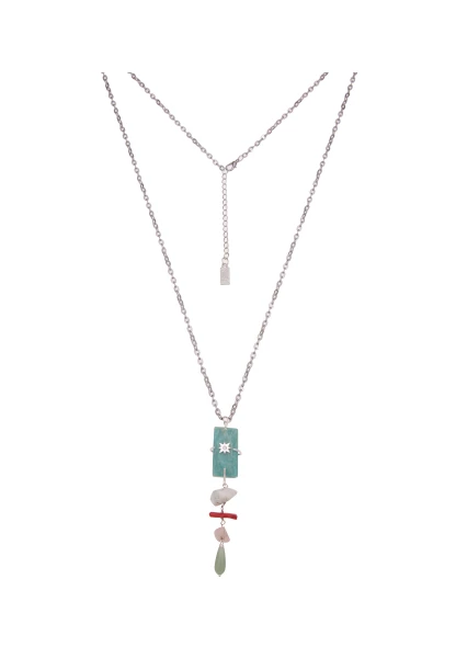 -50% SALE Leslii Damen-Kette Naturstein Perlen Stein-Schmuck lange Modeschmuck-Kette Silber Mint Verkauf
