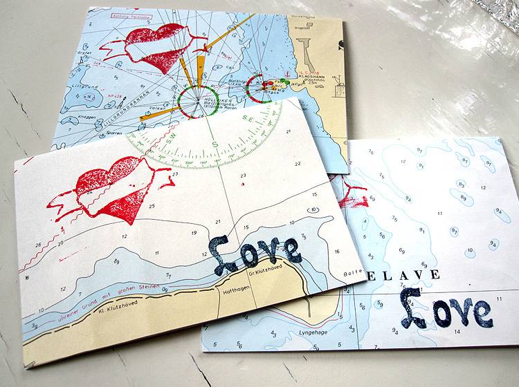Renna Deluxe Herz LOVE Klappkarte auf Echter Seekarte – Handgefertigte Maritime Grußkarte Fabrikverkauf