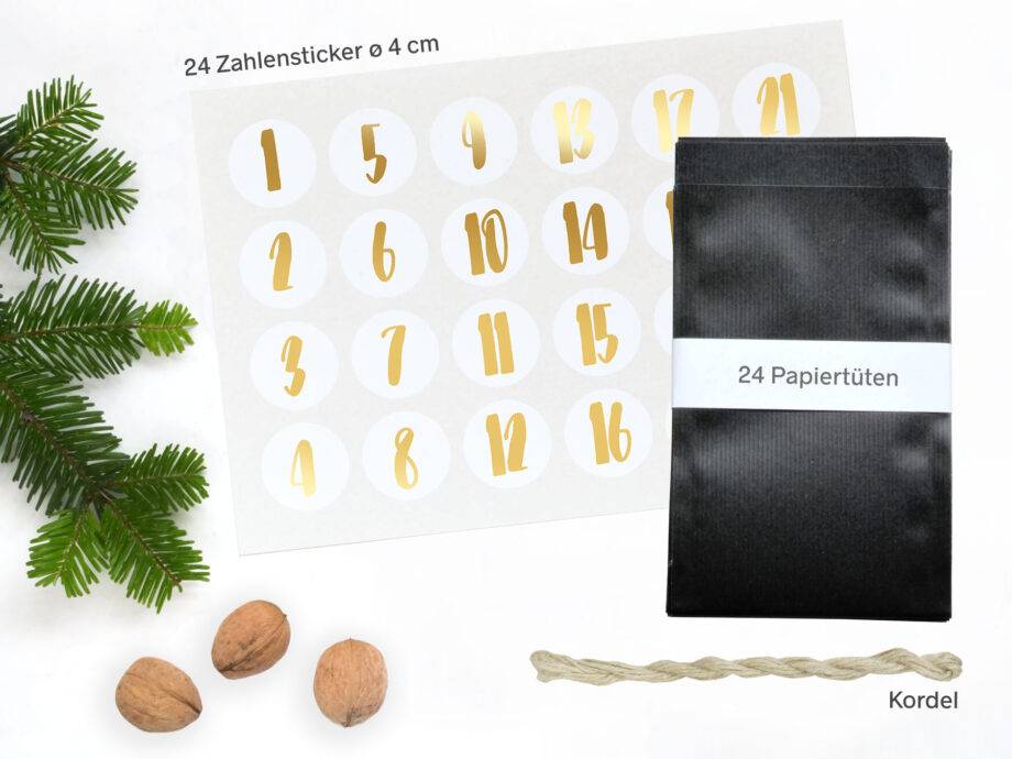 Renna Deluxe Adventskalender Gold metallic mit schwarzen Tüten Speichern exportieren