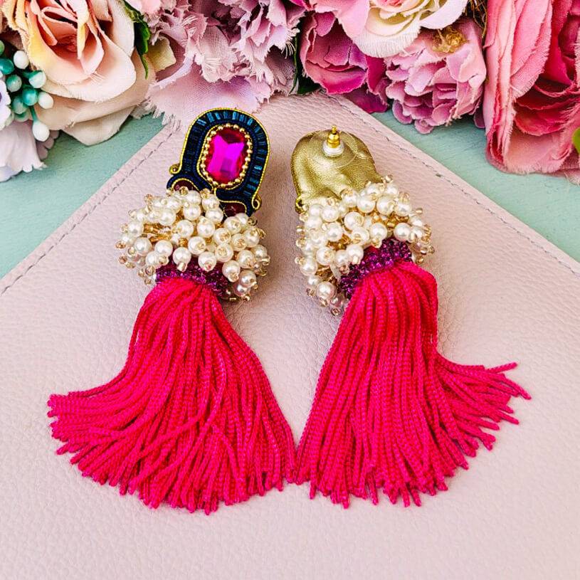 SchwesterSchwester Auffällige Soutache-Quastenohrringe in Pink und Dunkelbau Tägliche Deals