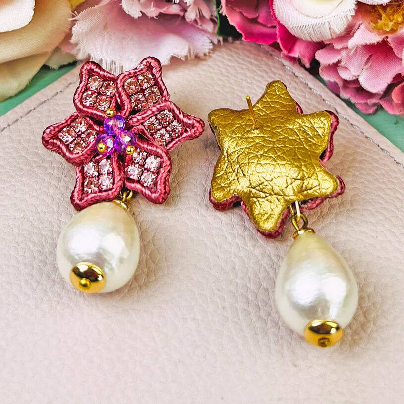 SchwesterSchwester Süße Blumen-Soutache-Ohrringe in Puderrosa mit kleinen Baumwolltropfen Zeitbegrenzte Promotion